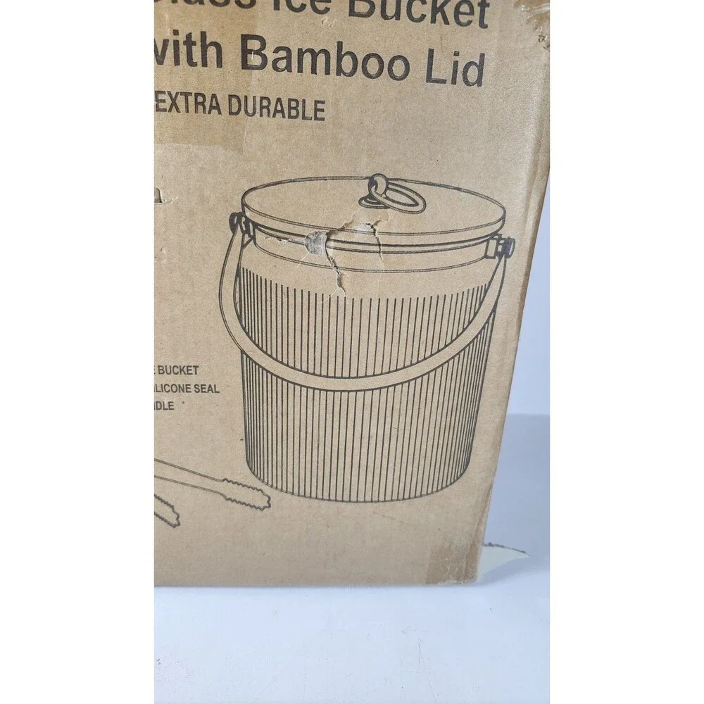 LE'RAZE Glass Ice Bucket with Airtight Bamboo Lid, Ice Tong Scooper and Handle